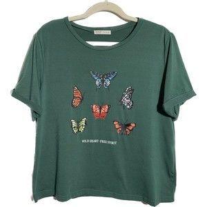ROMWE Forest Green Crop Wild Heart Free Spirit Butterfly T Shirt Size Large